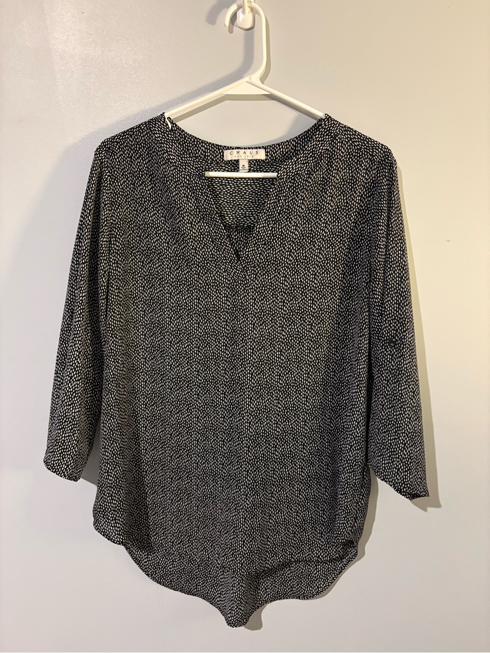 Chaus Black & White Micro Dot V-Neck Blouse